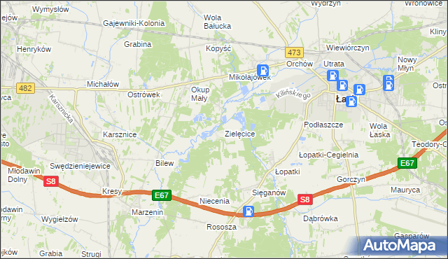 mapa Zielęcice gmina Łask, Zielęcice gmina Łask na mapie Targeo