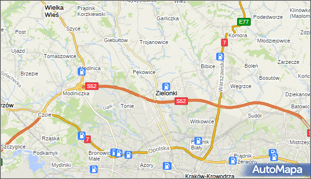 mapa Zielonki powiat krakowski, Zielonki powiat krakowski na mapie Targeo