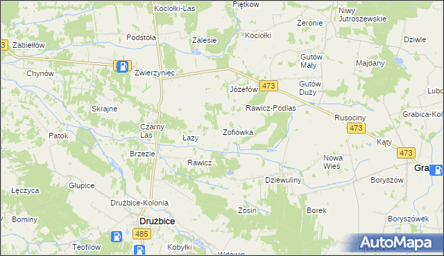 mapa Zofiówka gmina Drużbice, Zofiówka gmina Drużbice na mapie Targeo