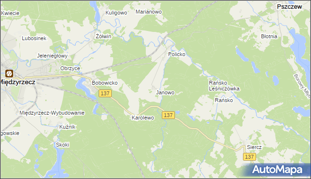 mapa Janowo gmina Pszczew, Janowo gmina Pszczew na mapie Targeo