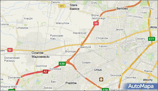 mapa Jawczyce gmina Ożarów Mazowiecki, Jawczyce gmina Ożarów Mazowiecki na mapie Targeo