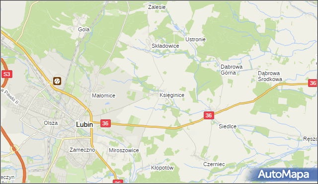 mapa Księginice gmina Lubin, Księginice gmina Lubin na mapie Targeo