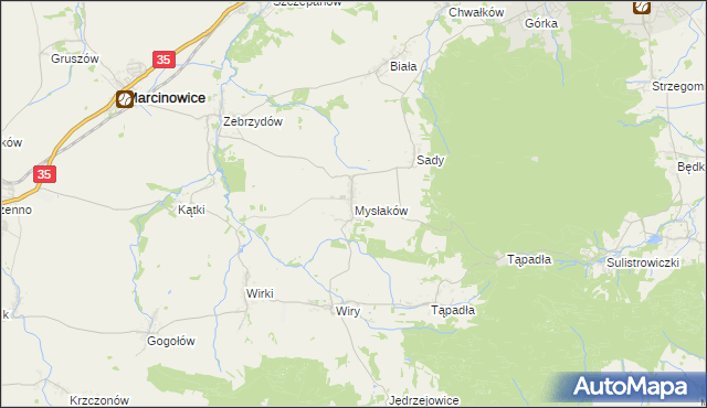 mapa Mysłaków gmina Marcinowice, Mysłaków gmina Marcinowice na mapie Targeo