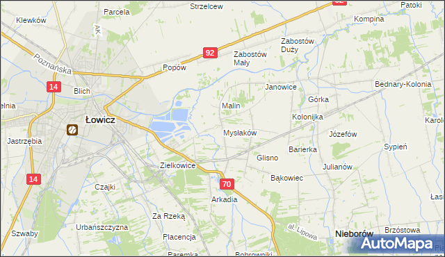 mapa Mysłaków gmina Nieborów, Mysłaków gmina Nieborów na mapie Targeo