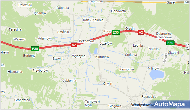 mapa Piorunów gmina Władysławów, Piorunów gmina Władysławów na mapie Targeo