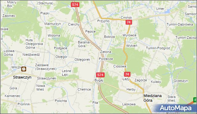 mapa Porzecze gmina Miedziana Góra, Porzecze gmina Miedziana Góra na mapie Targeo