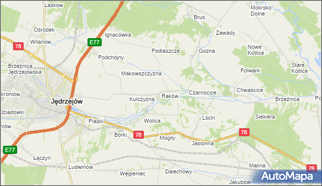 mapa Raków gmina Jędrzejów, Raków gmina Jędrzejów na mapie Targeo