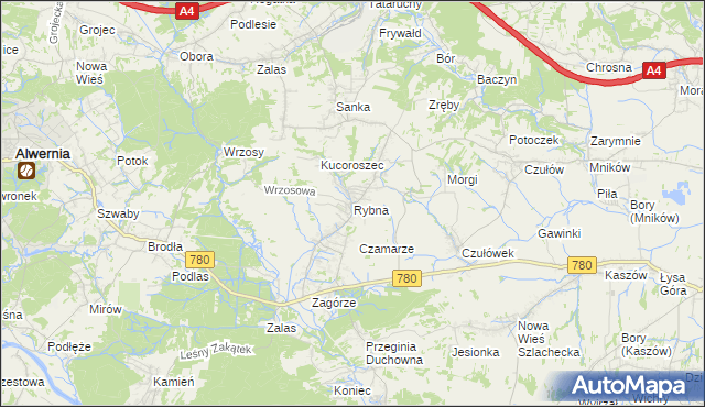 mapa Rybna gmina Czernichów, Rybna gmina Czernichów na mapie Targeo