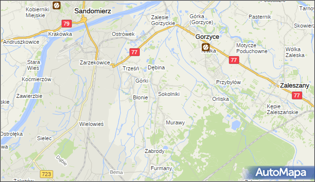 mapa Sokolniki gmina Gorzyce, Sokolniki gmina Gorzyce na mapie Targeo