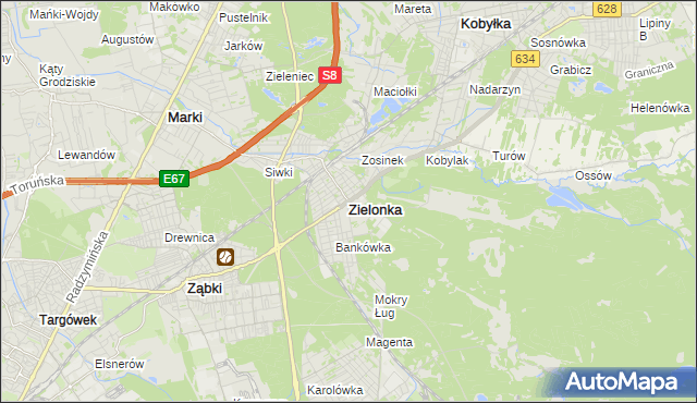 mapa Zielonka powiat wołomiński, Zielonka powiat wołomiński na mapie Targeo