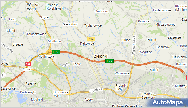 mapa Zielonki powiat krakowski, Zielonki powiat krakowski na mapie Targeo