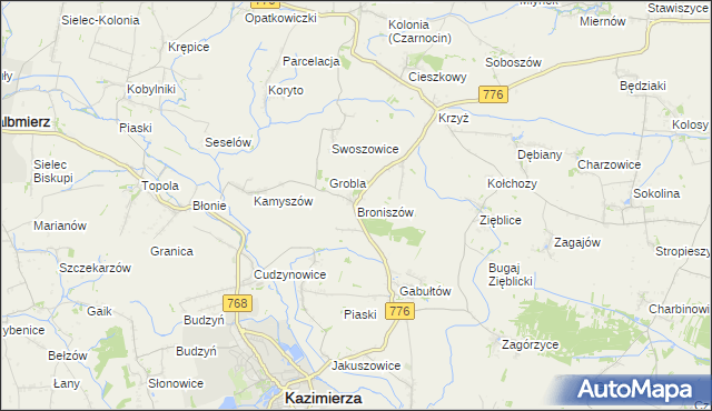 mapa Broniszów gmina Kazimierza Wielka, Broniszów gmina Kazimierza Wielka na mapie Targeo