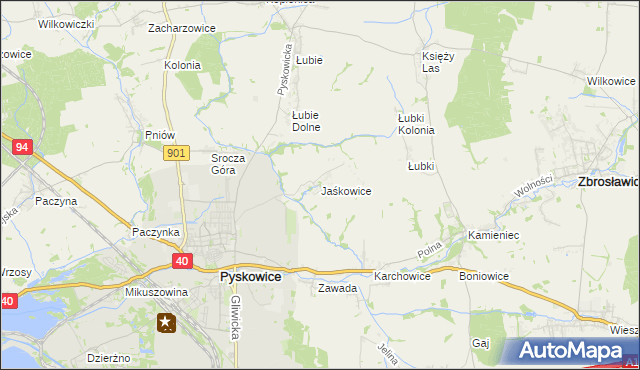 mapa Jaśkowice gmina Zbrosławice, Jaśkowice gmina Zbrosławice na mapie Targeo