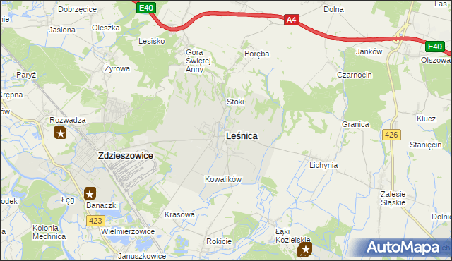 mapa Leśnica powiat strzelecki, Leśnica powiat strzelecki na mapie Targeo