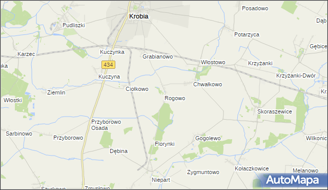 mapa Rogowo gmina Krobia, Rogowo gmina Krobia na mapie Targeo