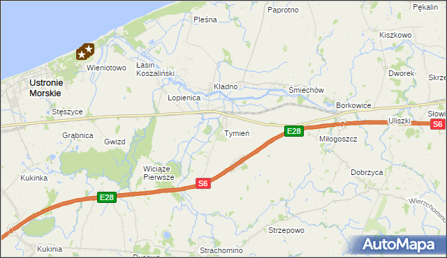 mapa Tymień gmina Będzino, Tymień gmina Będzino na mapie Targeo