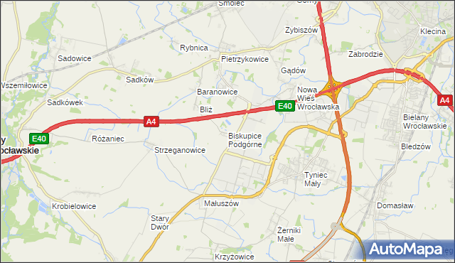 mapa Biskupice Podgórne, Biskupice Podgórne na mapie Targeo