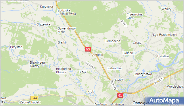 mapa Antonie gmina Olszewo-Borki, Antonie gmina Olszewo-Borki na mapie Targeo