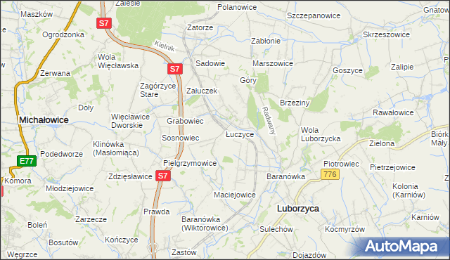 mapa Łuczyce gmina Kocmyrzów-Luborzyca, Łuczyce gmina Kocmyrzów-Luborzyca na mapie Targeo