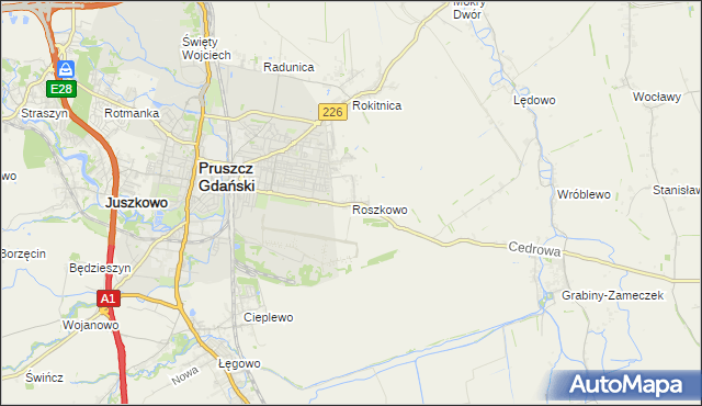 mapa Roszkowo gmina Pruszcz Gdański, Roszkowo gmina Pruszcz Gdański na mapie Targeo