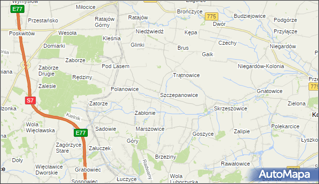 mapa Szczepanowice gmina Słomniki, Szczepanowice gmina Słomniki na mapie Targeo