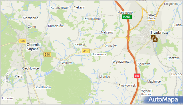 mapa Borkowice gmina Oborniki Śląskie, Borkowice gmina Oborniki Śląskie na mapie Targeo