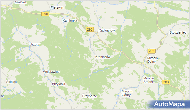 mapa Broniszów gmina Kożuchów, Broniszów gmina Kożuchów na mapie Targeo