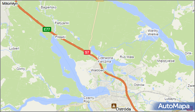 mapa Czerwona Karczma gmina Ostróda, Czerwona Karczma gmina Ostróda na mapie Targeo