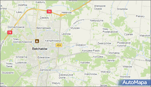 mapa Dobiecin gmina Bełchatów, Dobiecin gmina Bełchatów na mapie Targeo