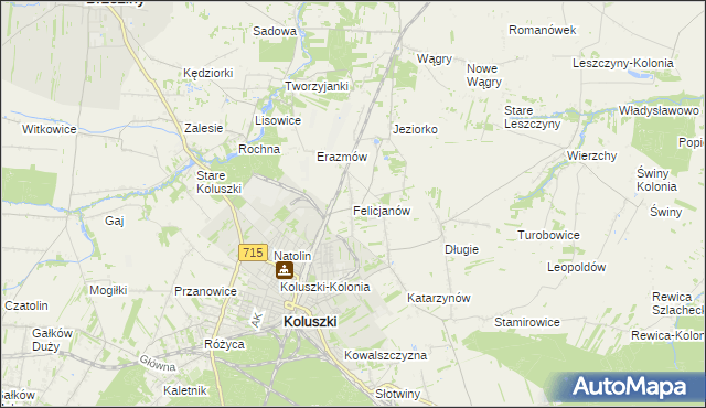 mapa Felicjanów gmina Koluszki, Felicjanów gmina Koluszki na mapie Targeo