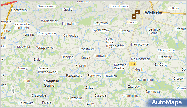 mapa Janowice gmina Wieliczka, Janowice gmina Wieliczka na mapie Targeo