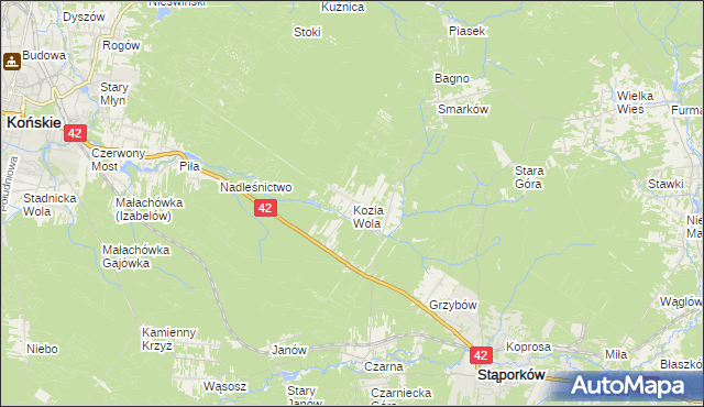 mapa Kozia Wola gmina Stąporków, Kozia Wola gmina Stąporków na mapie Targeo