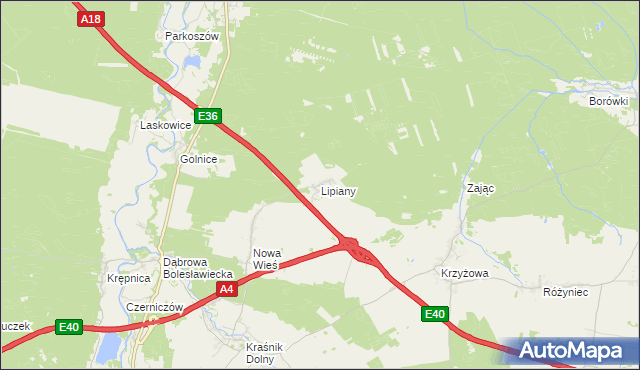 mapa Lipiany gmina Bolesławiec, Lipiany gmina Bolesławiec na mapie Targeo