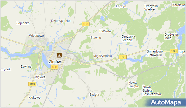 mapa Międzybłocie gmina Złotów, Międzybłocie gmina Złotów na mapie Targeo