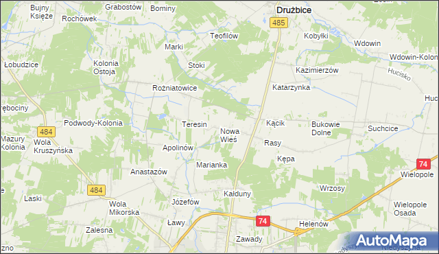 mapa Nowa Wieś gmina Drużbice, Nowa Wieś gmina Drużbice na mapie Targeo