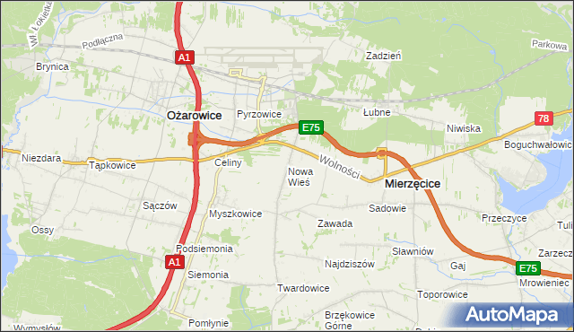 mapa Nowa Wieś gmina Mierzęcice, Nowa Wieś gmina Mierzęcice na mapie Targeo