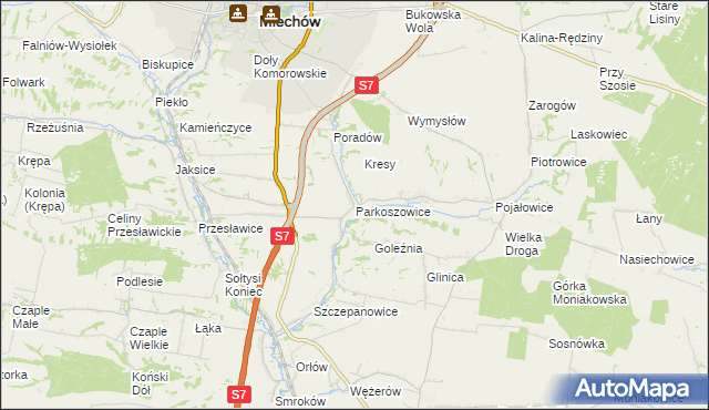 mapa Parkoszowice gmina Miechów, Parkoszowice gmina Miechów na mapie Targeo