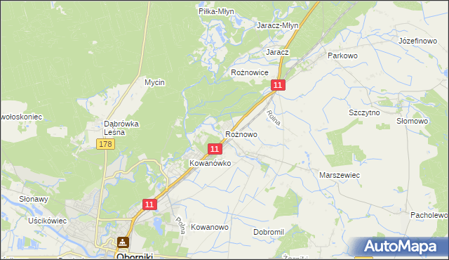 mapa Rożnowo gmina Oborniki, Rożnowo gmina Oborniki na mapie Targeo