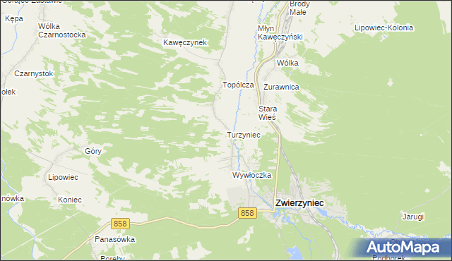 mapa Turzyniec gmina Zwierzyniec, Turzyniec gmina Zwierzyniec na mapie Targeo