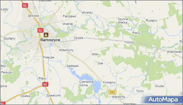 mapa Witki gmina Bartoszyce, Witki gmina Bartoszyce na mapie Targeo