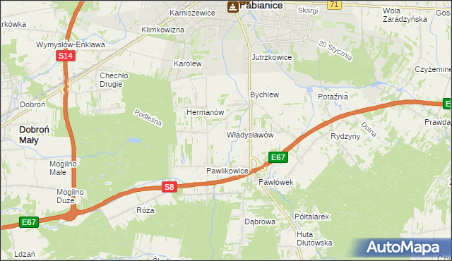 mapa Władysławów gmina Pabianice, Władysławów gmina Pabianice na mapie Targeo