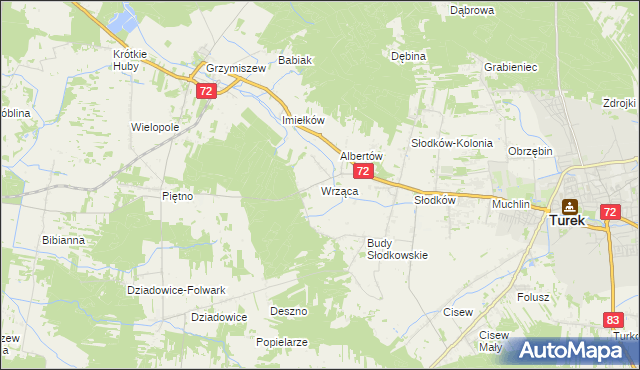 mapa Wrząca gmina Turek, Wrząca gmina Turek na mapie Targeo