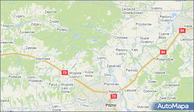 mapa Lipiny gmina Pilzno, Lipiny gmina Pilzno na mapie Targeo