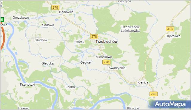 mapa Mieszkowo gmina Trzebiechów, Mieszkowo gmina Trzebiechów na mapie Targeo