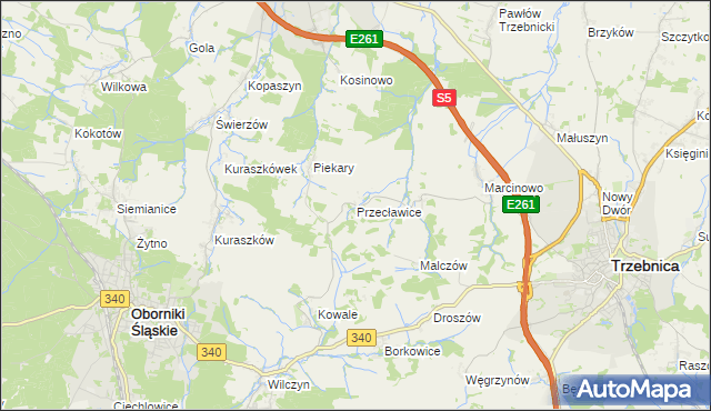 mapa Przecławice gmina Oborniki Śląskie, Przecławice gmina Oborniki Śląskie na mapie Targeo