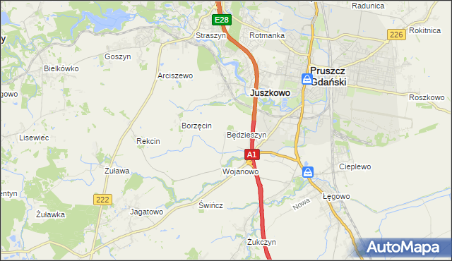 mapa Będzieszyn gmina Pruszcz Gdański, Będzieszyn gmina Pruszcz Gdański na mapie Targeo