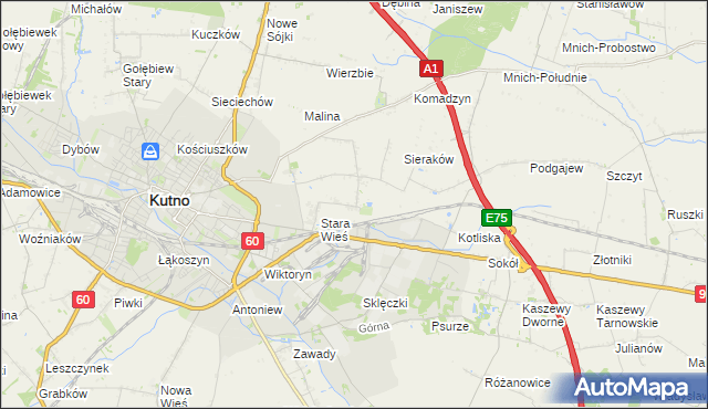 mapa Bielawki gmina Kutno, Bielawki gmina Kutno na mapie Targeo