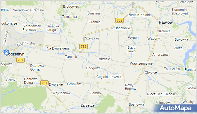 mapa Brzezie gmina Pawłów, Brzezie gmina Pawłów na mapie Targeo