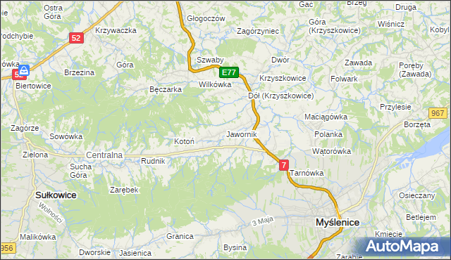 mapa Jawornik gmina Myślenice, Jawornik gmina Myślenice na mapie Targeo