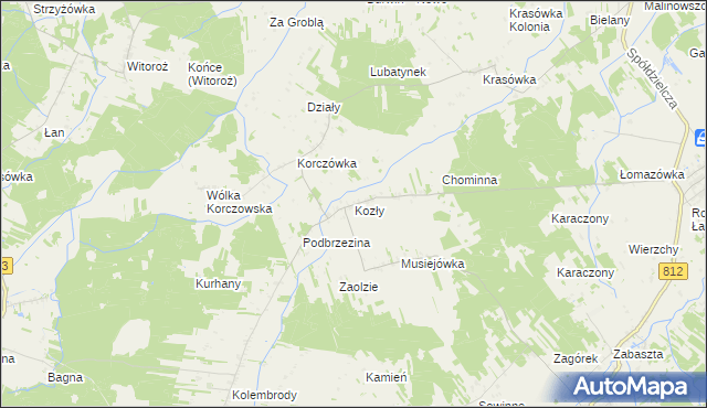 mapa Kozły gmina Łomazy, Kozły gmina Łomazy na mapie Targeo